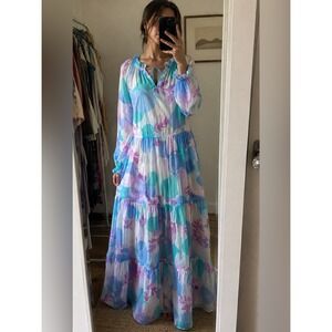 J. Marie Mia Long Sleeve Tiered Maxi Dress Blue Purple Floral Small Spring